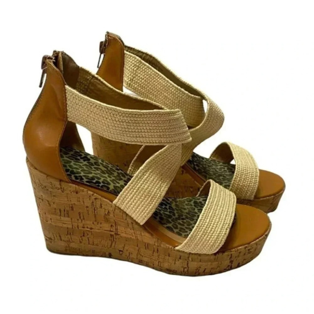 Steve Madden Elwyn Platform Wedge Sandal 10 Tan Cork Leopard Print Strappy Zip